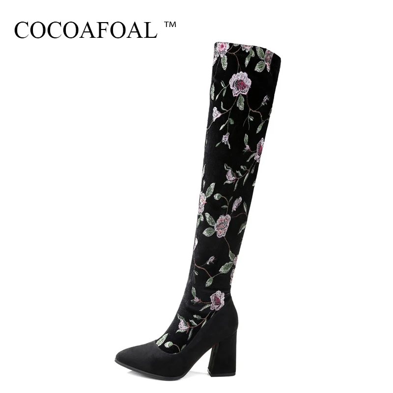 

COCOAFOAL Winter Chelsea Thigh High Boots Women's Black High Heeled Shoes Plus Size 33 41 Fashion Embroider Over The Knee Boots