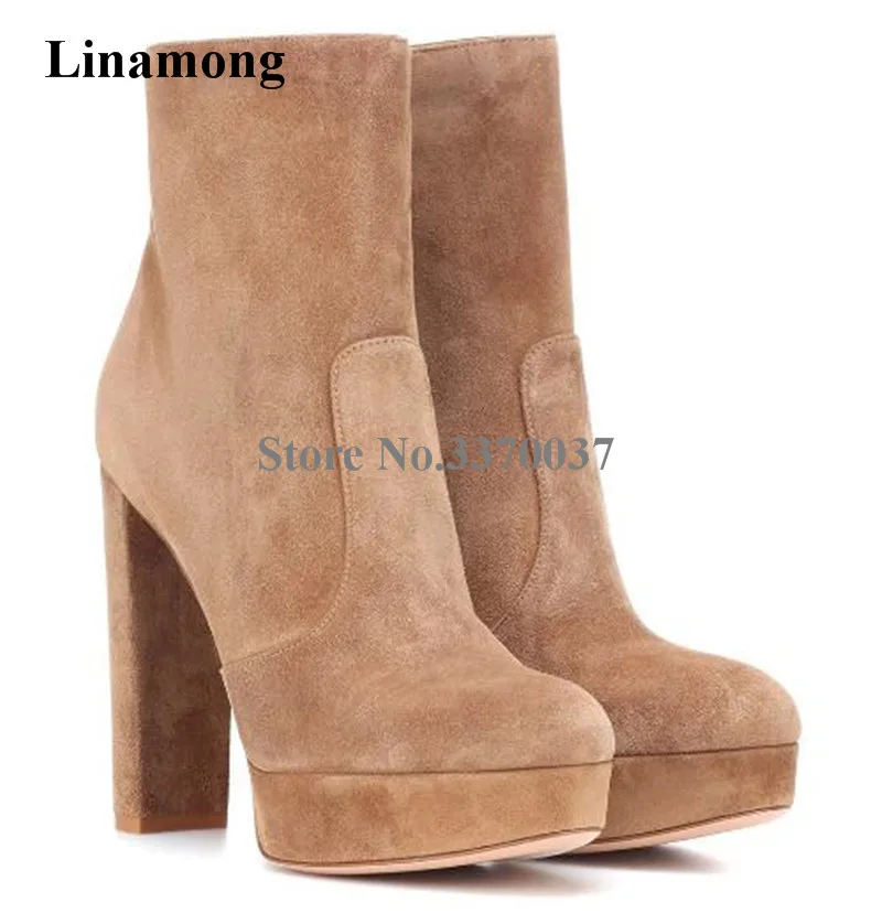 Women New Fashion Round Toe Suede Leather High Platform Chunky Heel Short Boots Zipper-up Flock Thick High Heel Ankle Boots