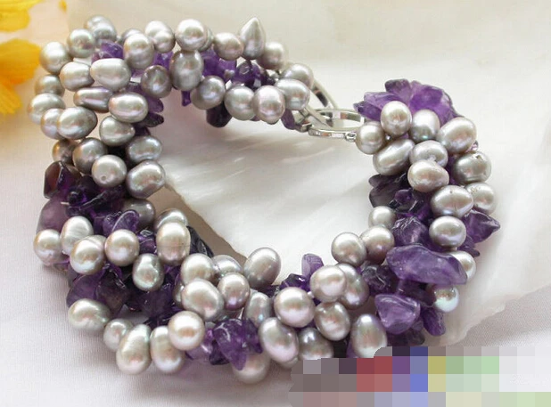 

free shipping 08770 4row gray rice pearl drip faceted amethyst bracelet