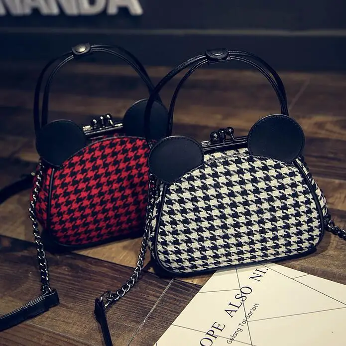 

2017 Fashion new handbags High quality Mickey clip Women bag Wool Houndstooth Shoulder shell package Mickey big ears Female bag