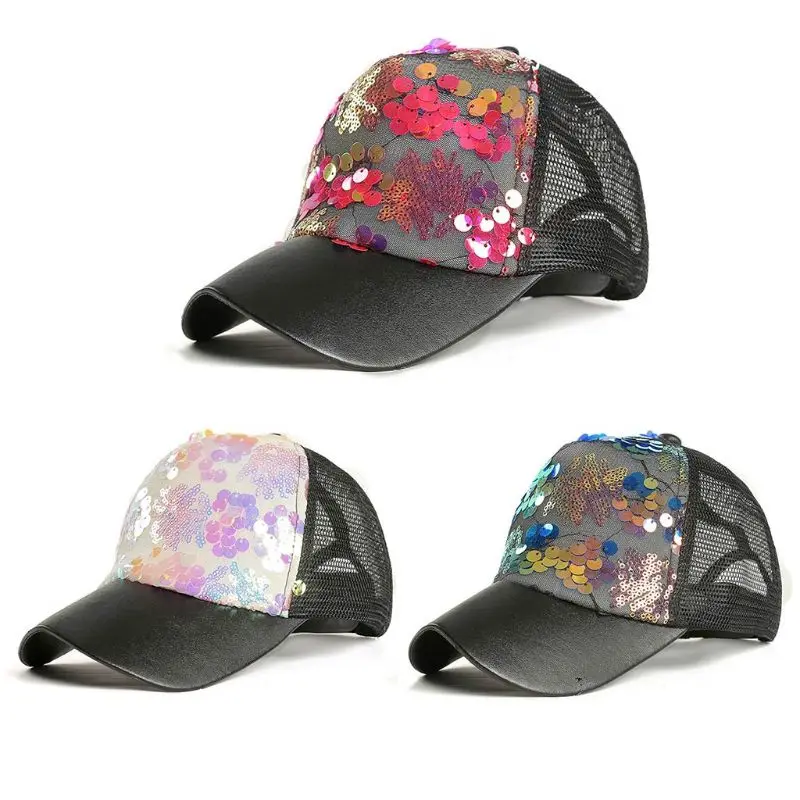 

Women Couples Summer Mesh Splicing Visor Cap DIY Leaves Fish Scale Glitter Round Sequins Adjustable Sport Hiking Cap