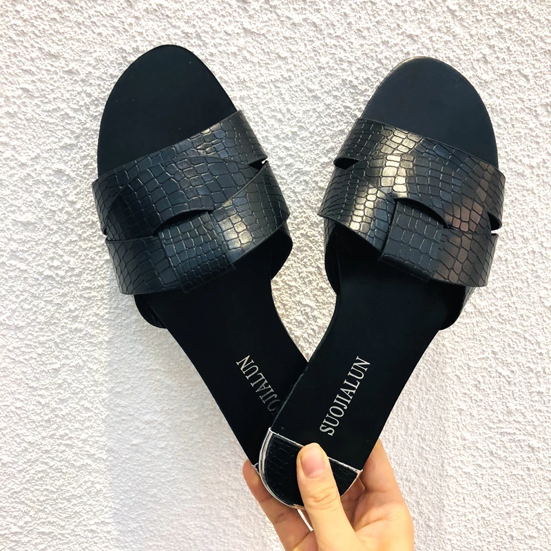 SUOJIALUN летние пляжные шлёпанцы для женщин для сланцы открытый плоские женские сандалии Лидер продаж слайд