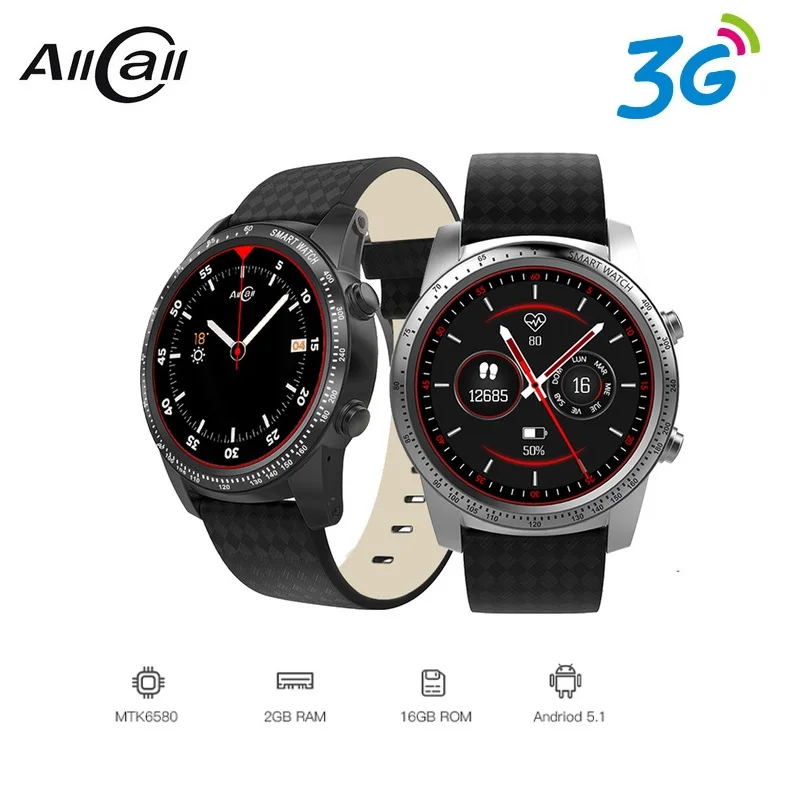 

AllCall W1 3G Smart Watch Phone 1.39 inch Android 5.1 MTK6580 Quad Core 1.0GHz 2GB RAM 16GB ROM Heart Rate Monitor Watch Phone