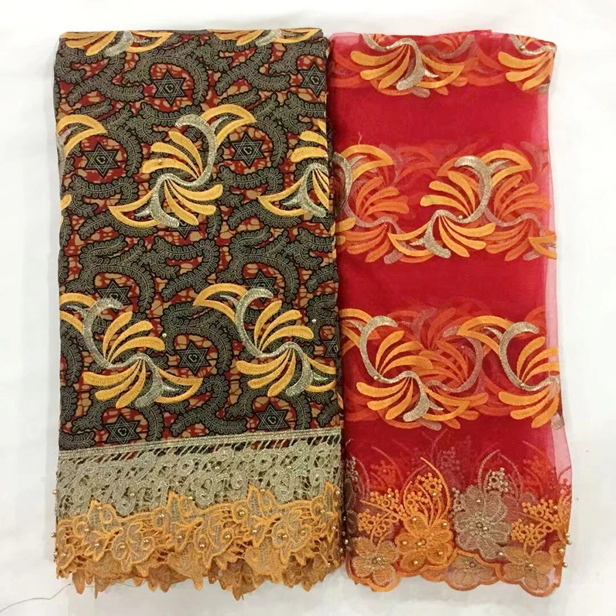 

Latest African lace fabric high quality lace Wax Guipure Lace 6 Yard with 2 Yard net lace with beads Wax Cloth For Party dress