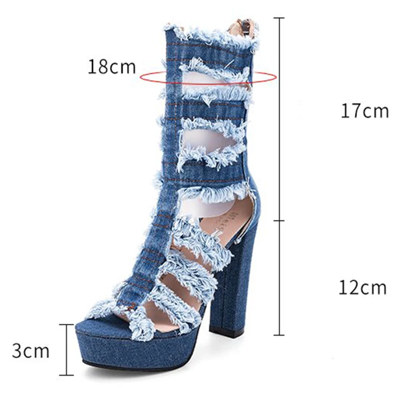 Летние женские ботинки из джинсовой ткани с открытым носком на очень высоком каблуке; однотонные женские свадебные туфли до середины икры на резиновой платформе с молнией; zapatos mujer; N60W