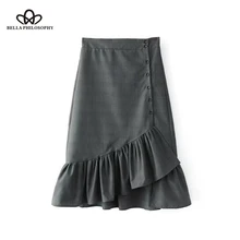 Bella Philosophy осенне-зимняя юбка Женская Асимметричная однобортная Лоскутная юбка Женская Повседневная клетчатая юбка средней длины