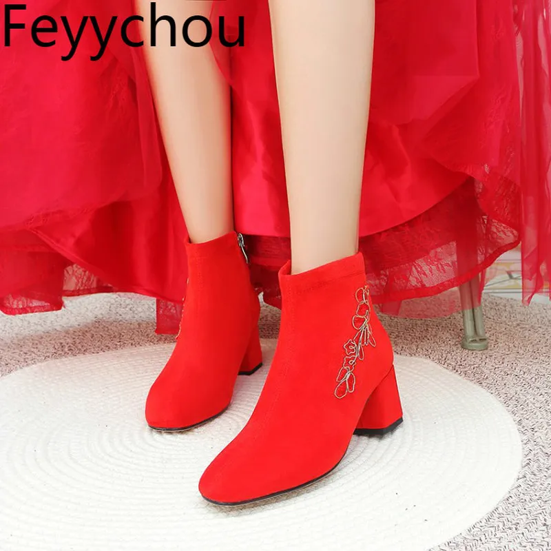 

Women's Boots Spring Autumn Med Heel Warm Flock Zip Square Toe Ankle Basic Thick Heel 2019 New Sexy Fashion Party Wedding Red
