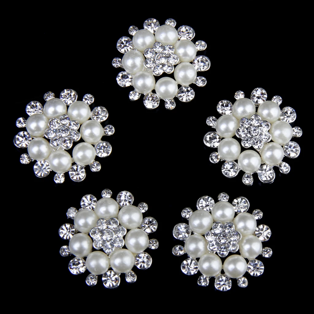 5 Pieces Crystal Rhinestone Pearl Flower Button Flatback DIY Sewing Craft 30mm