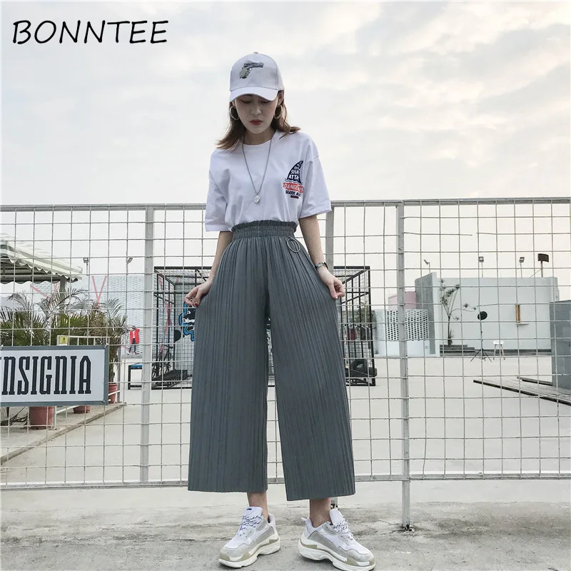 

Wide Leg Pants Women Ulzzang Loose High Waist Drawstring Trousers Pleated Korean Style Solid Elegant Womens School Soft Casual