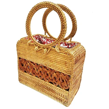 

JHD-Woven Womens Bamboo Handbag With Wooden Handle Shape Female Retro Beach Straw Tote Clutch Wicker Handbag