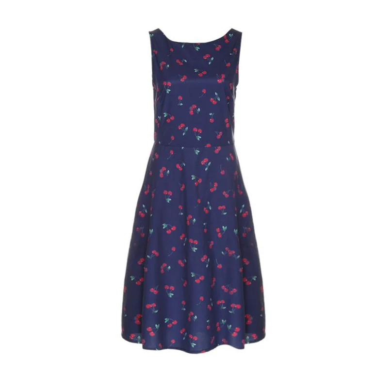 New Summer Dress Women Fruit Cherry Printed Sleeveless Sexy Knee Length