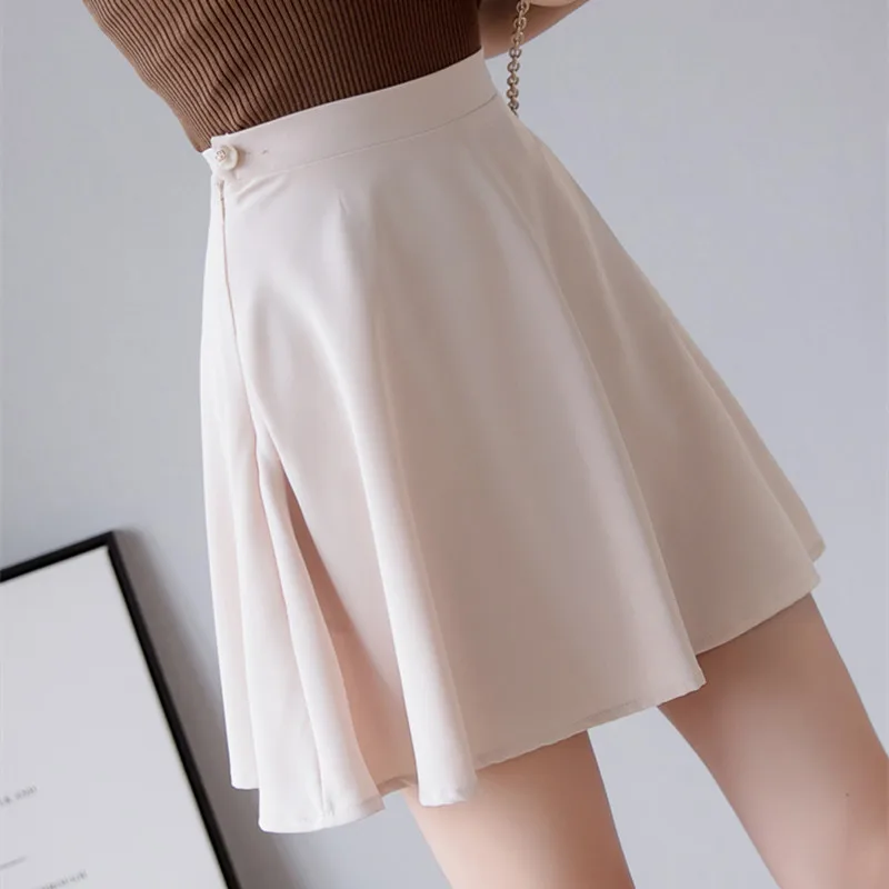 

Women Skirts Summer Chiffon Skirts Womens Office Lady White Pleated Skirt Korean Woman High Waist Black Skirt Bead Faldas Mujer