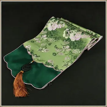 

The new Chinese style luxury silk brocade table runner Jade jade Ruyi head table flag customization green peony