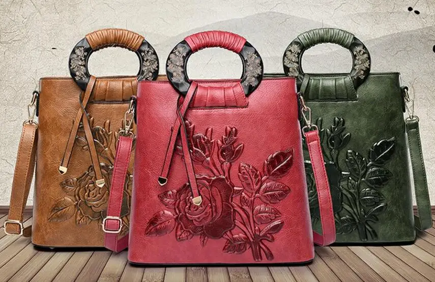 

Women Leather Handbag Vintage Bucket Bags Embossing Printing Retro Designer Floral Handbag 2019 Luxury Tote Bag High quality