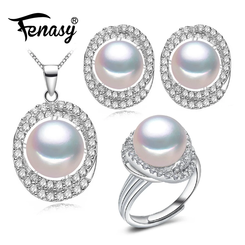 

FENASY 2019 New Fashion Natural Pearl Jewelry Sets 925 sterling silver ring pendant necklace for women stud earrings 8-9mm