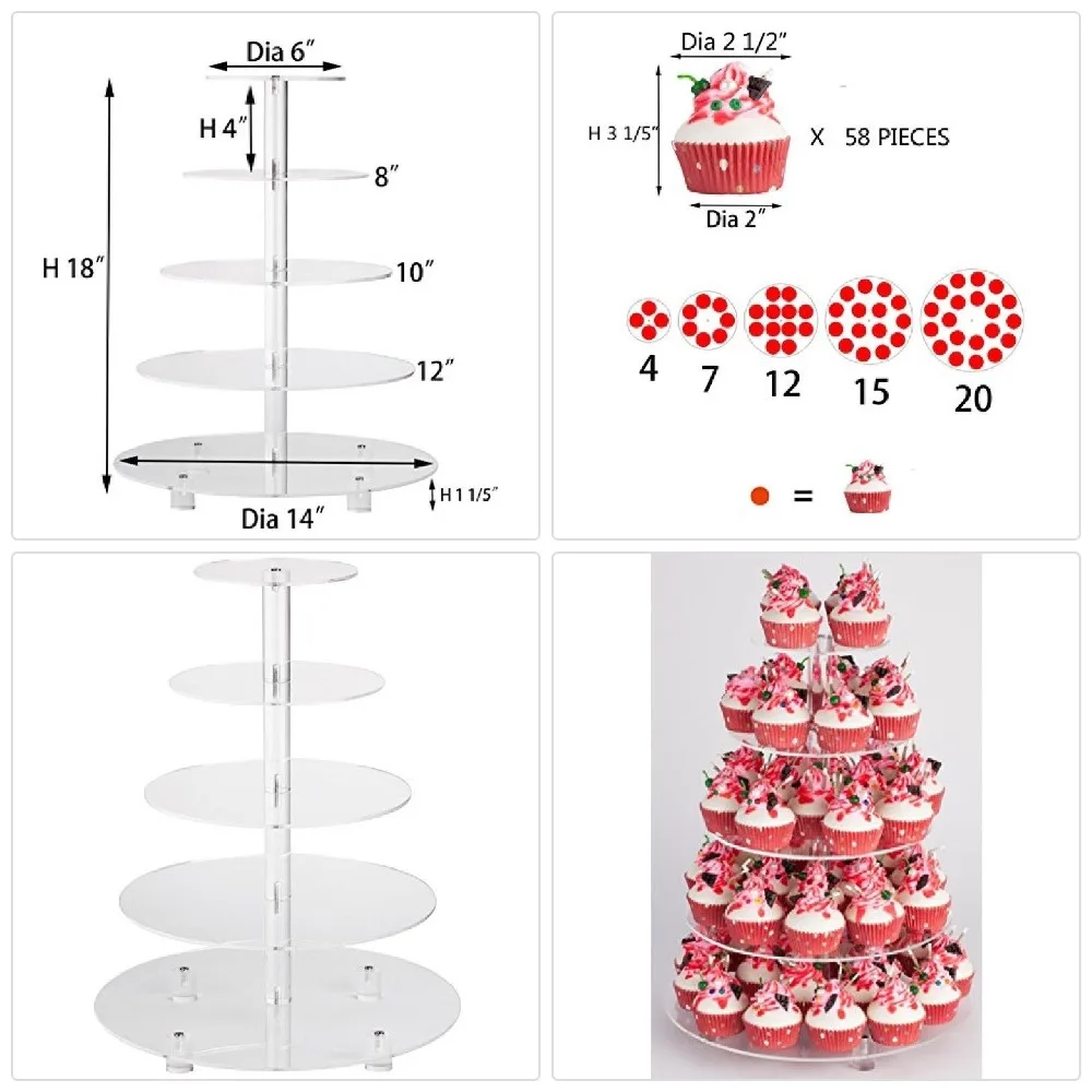 

YestBuy 5 Tier Maypole Round Wedding Party Tree Tower Acrylic Cupcake Display Stand With Base (5 Tier (10cm gap))(18" Inches)