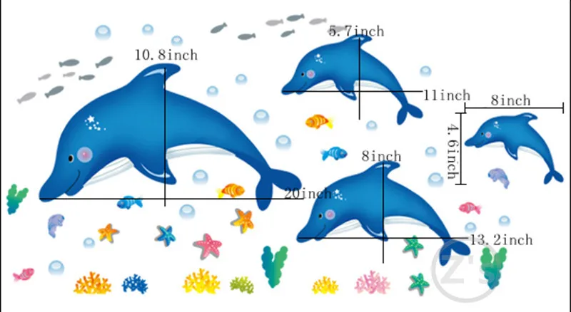Zs наклейка 60x115 см дельфин рыба морская Настенная Наклейка для ванной комнаты Съемная Клейкая Водонепроницаемая Ванная комната
