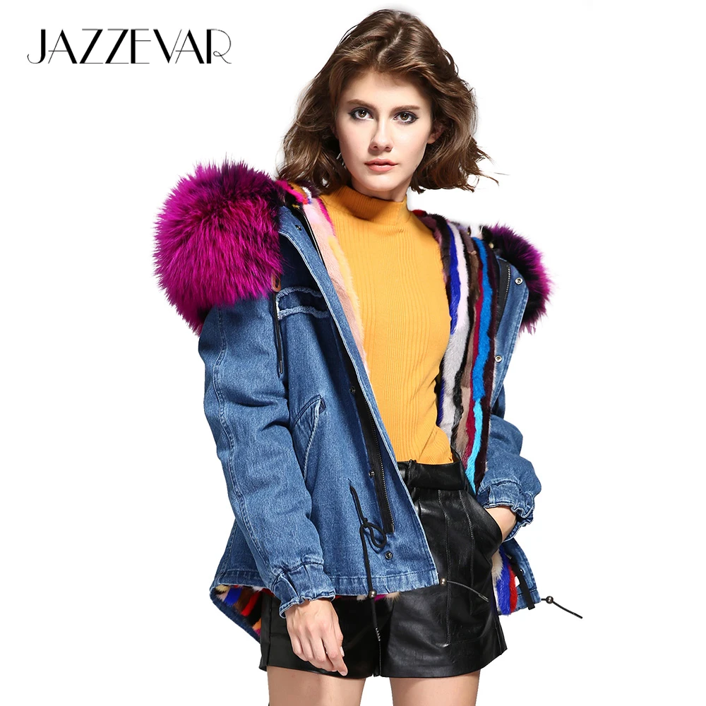 

JAZZEVAR 2019 New Fashion Women's Luxurious Large Raccoon Fur Collar Hooded Coat Parkas Real Mink Liner Denim Winter Jacket