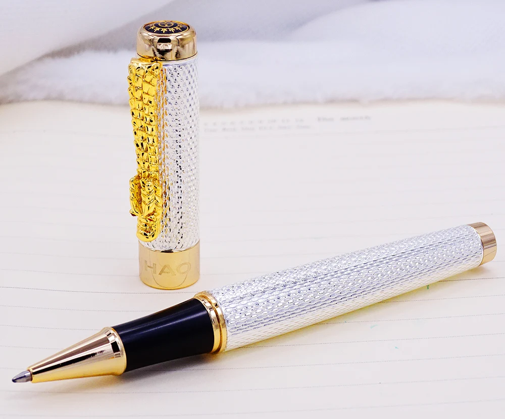 

Jinhao 1200 Vintage Luxurious Rollerball Pen Beautiful Ripple with Dragon Clip, Noble Silver Metal Carving Ink Pens Collection