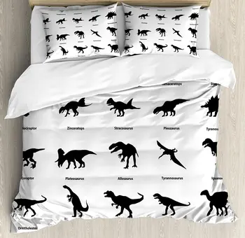 

Dinosaur Duvet Cover Set Collection of Different Dinosaurs Silhouettes with Their Names Evolution Wildlife Bedding Set White