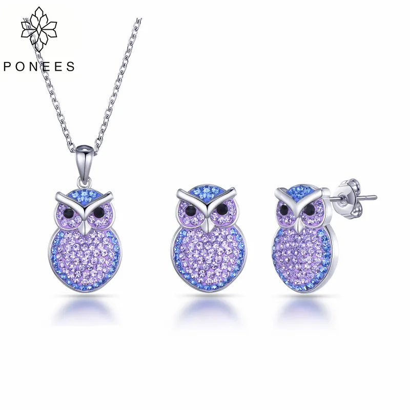 

PONEES Trendy Earrings Owl Sets Fashion Rhinestone Crystal Jewelry Sets For Women Owl Shape Necklace and Earrings
