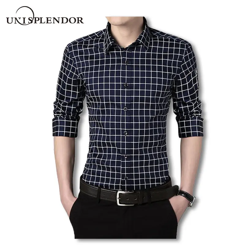 

2019 Fashion Men Spring Shirt Slim Fit Plaid Men Shirts Long Sleeve Cotton Dress Shirts Casual Man Business Work Wear 5XL YN615