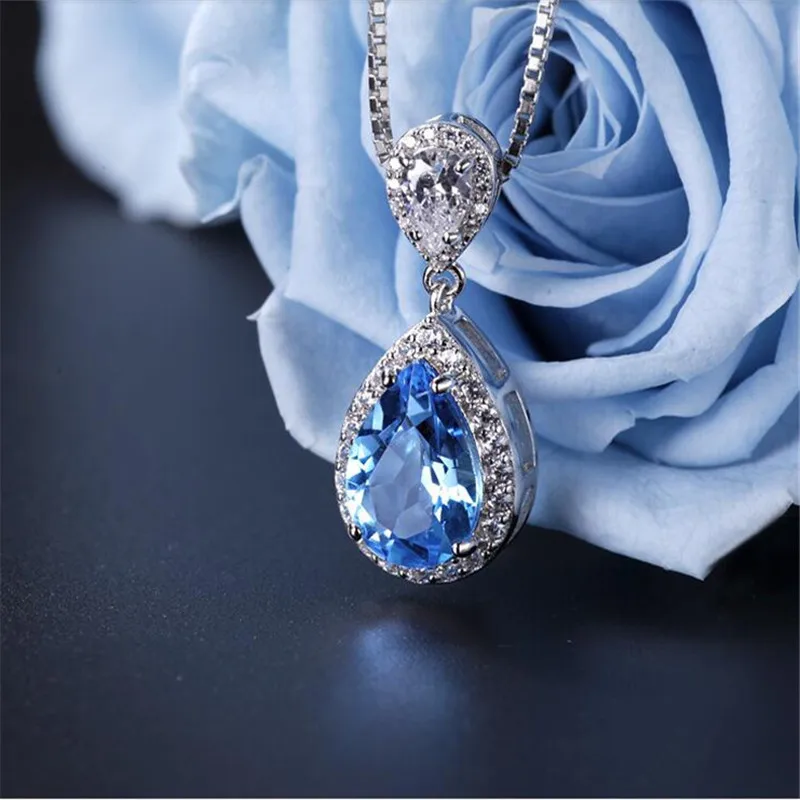 S925 Sterling Pendant Water Drop Created Topaz Blue & Ruby Pendant Bride Wedding Engagement Party Fine Jewelry Necklace No Chain