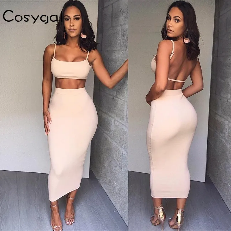 

COSYGAL Backless Tank Cami Tops+skirt Two Piece Set Nightclub Party Elegant 2 Piece Set Women Solid Bodycon Dresses Midi Dresses