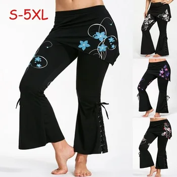 

Women Print Wide Leg Casual High Waist Lace-Up Pants Floral Gothic Trousers Plus Size 5XL