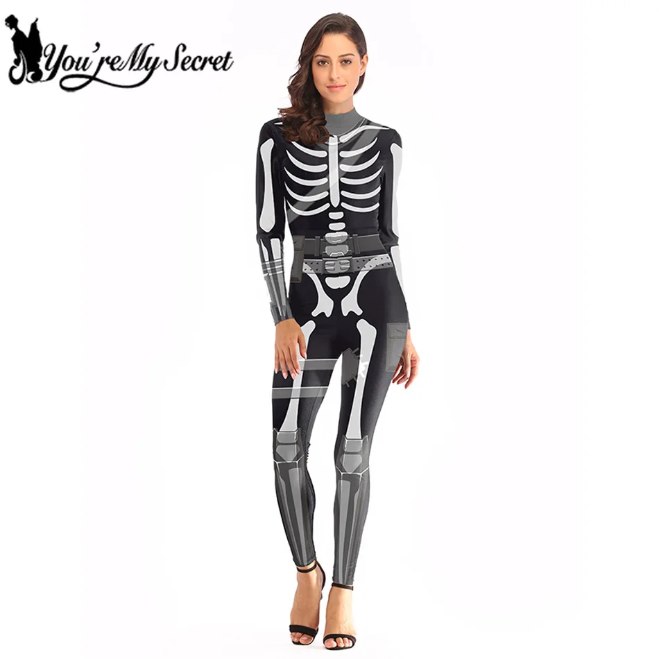 

[YoureMySecret] 2019 Halloween Battle Royale Skull Ranger Trooper Scary Costume for Women Sexy Jumpsuit Party Skeleton Bodysuit