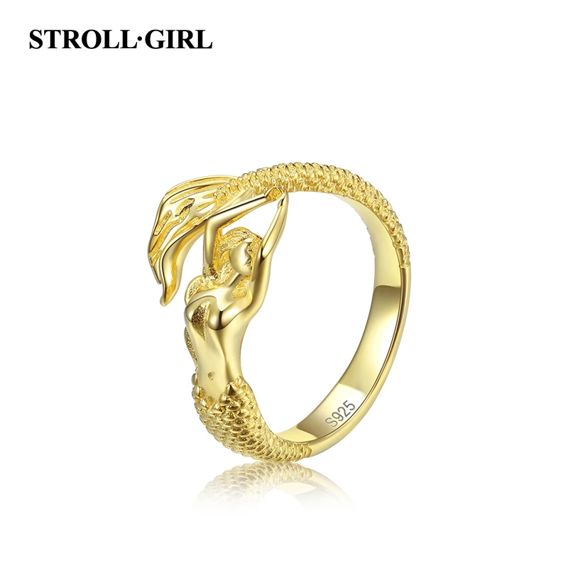 

StrollGirl Authentic Fashion 925 sterling silver gold color Mermaid open size Finger Ring adjustable make for women DIY jewelry