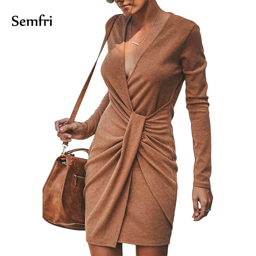 

Semfri Sexy Tight Brown Grey Dress Woman Autumn Deep V Neck Sexy Dress Long Sleeve Autumnn Dress Ribbed Twist Knee-Length Dress