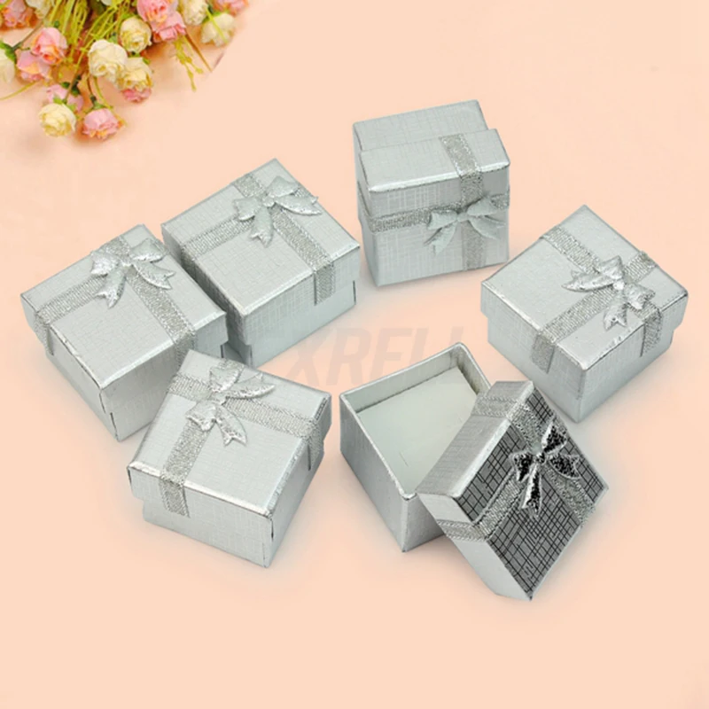 

4x4x3cm Ring Box Silver Earring Gift Boxes Square Mini Jewelry Display Case Paper Wedding Party Gift Packaging 24pcs/Lot