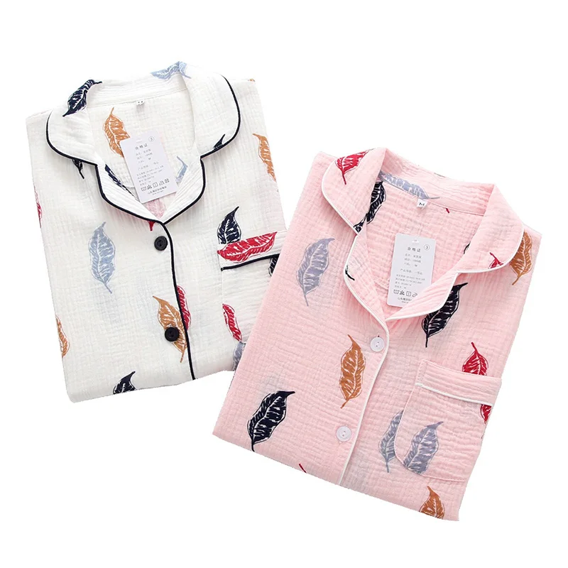 

2019 Spring New Ladies Pyjama Set Leaves Printed Housewear Comfort And Soft Turn-down Collar Cute Homewear Set Women Sleepwear