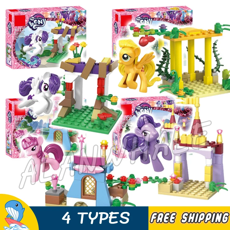 

197pcs 4in1 Horse Gargen Twilight Sparkle Rarity Fluttershy Pinkie Pie Model Building Blocks Toys Bricks Compatible with Lego