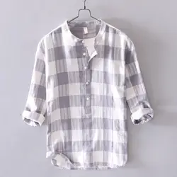 2019 мужская клетчатая рубашка для отдыха Удобная рубашка с воротником из хлопка и льна