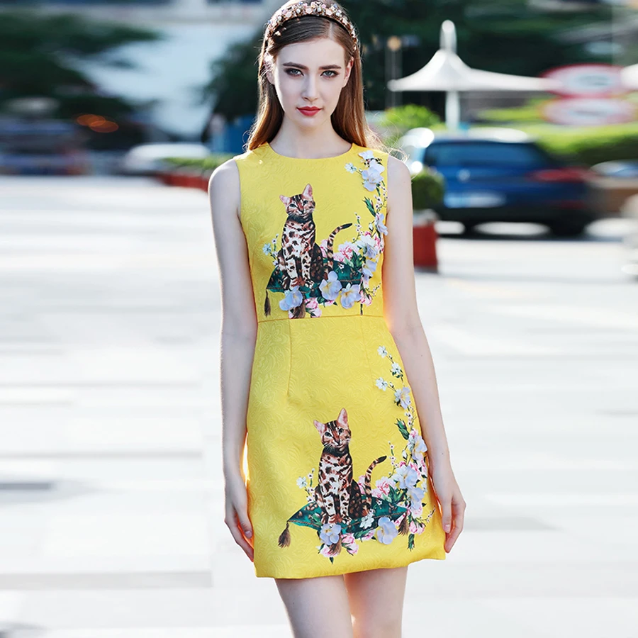 Image Tank Novelty Dresses Sleeveless 2017 Autumn Cat Print Jacquard Appliques Dragonfly Beading Luxury Above Knee Yellow Sheath Dress