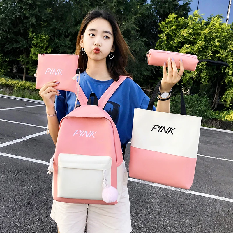 pink letter embroidery patchwork backpack womens backpack canvas bag shoulder school bags for girls ladies backpack purse set