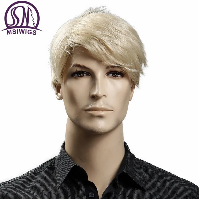 MSIWIGS Short Blonde Male Synthetic Wigs American European 6 Inch Straight Men Wig with Free Hair Cap Heat Resistant synthetic lawyer long grey white wigs judge baroque curly male blonde wigs deluxe halloween costume cosplay wig wig cap