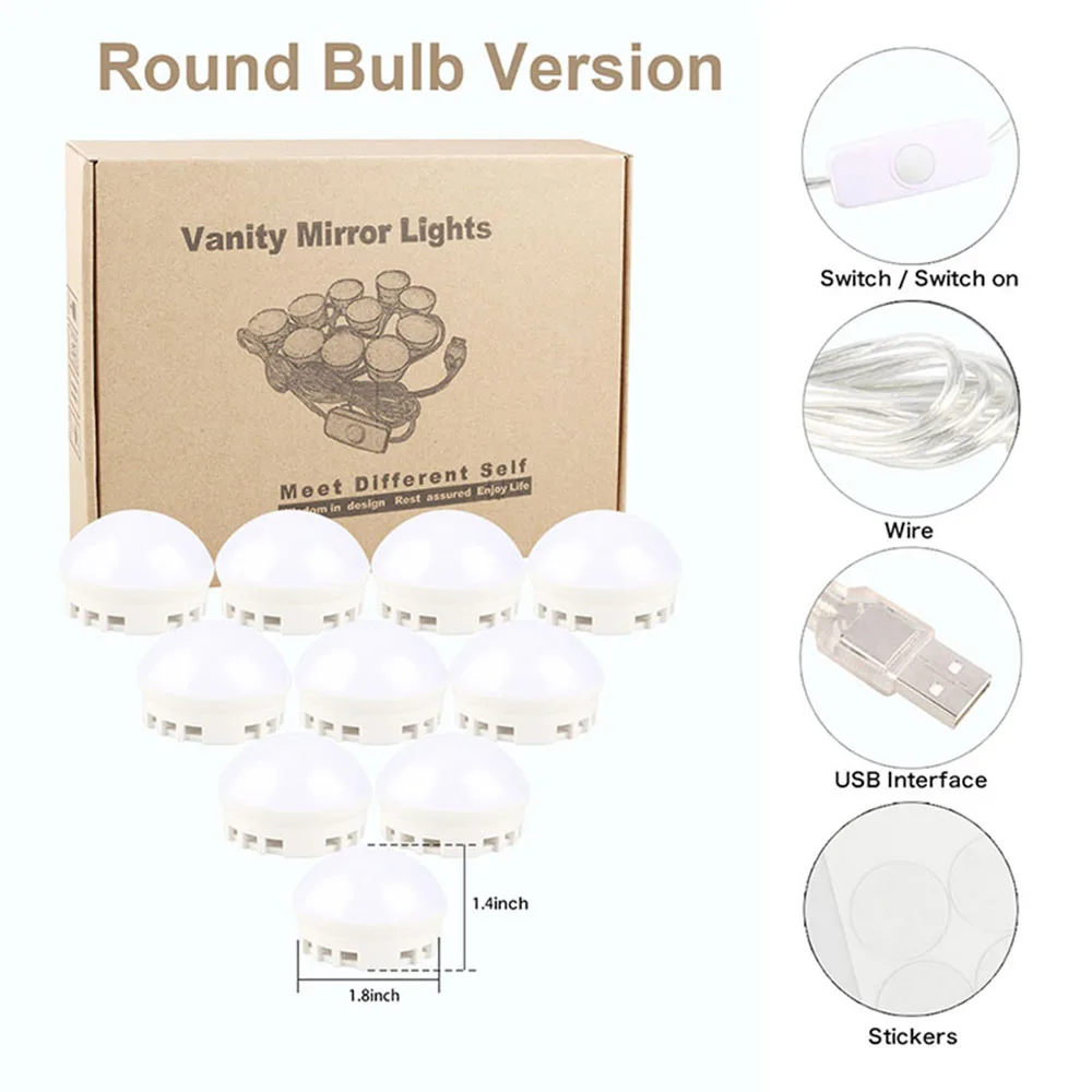 Vanity 360 Degree Makeup Mirror Light USB Powered LED Bulbs For Dressing Table with Dimmer Hollywood Bulb Linkable 16DA