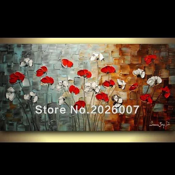 194ORIGINAL Large Abstract White Red Poppies Impasto Landscape Oil Painting 