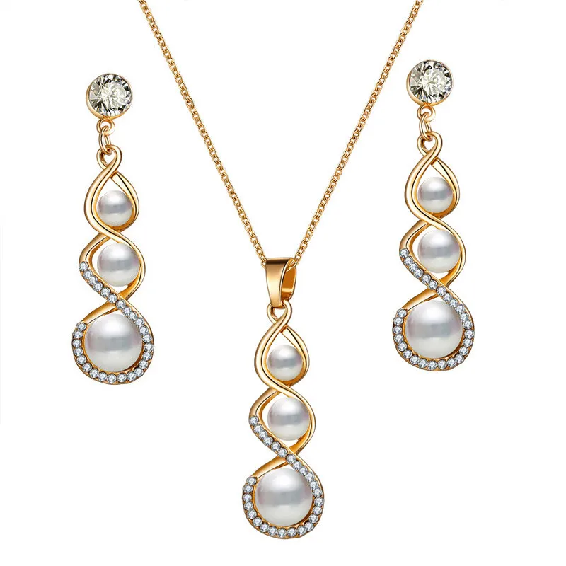 

New Gold Imitation Pearls Jewelry Set For Women Wedding Necklace Earrings Set Women Bridal Jewelry Sets