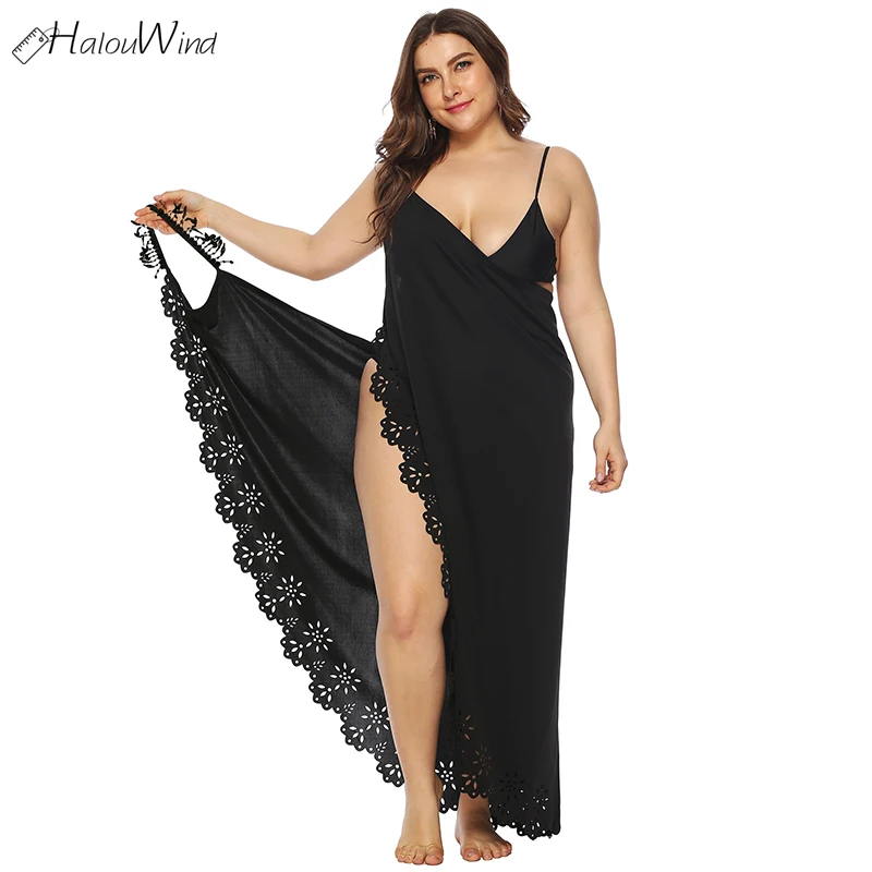 

Plus Size L-4XL Women Tassel Lace Hollow Out Edge Cover Dress Up Summer Beach Sunscreen Wrap Dress Backless Irregular Maxi Dress