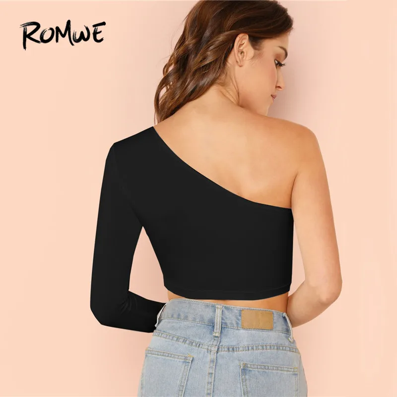 ROMWE сексуальные Асимметричные одно плечо с длинным рукавом Короткие топы, футболки женские облегающие эластичные однотонные короткие футболки 5 цветов