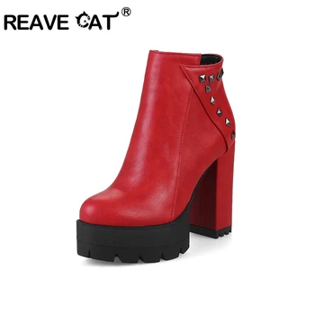 

REAVE CAT Shoes women High Heel Platform boots Ladies ankle boots Zipper Rivet Autumn Solid Round toe Boots Casual Pu A725