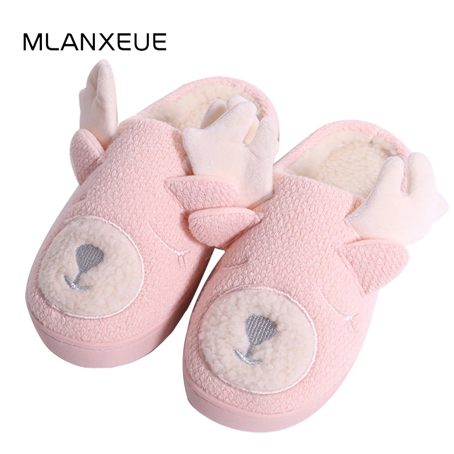 

MLANXEUE Cute Carton Fawn Lovers Slippers Shoes Women Winter Warm Plush Slippers Animal Prints Lady Home Slippers 2018 New Shoes