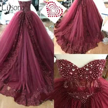 Дубай Бургундия жемчуг кристалл Туту выпускного вечера платья Роскошные блестящие кружева выпускного вечера платье трапециевидной формы платье для вечеринки с бисером Vestido Formatura