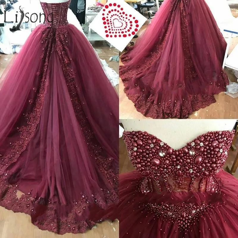 

Dubai Burgundy Pearls Crystal Tutu Prom Dresses 2019 Luxury Sparkle Lace Prom Gowns A-line Beaded Party Dress Vestido Formatura
