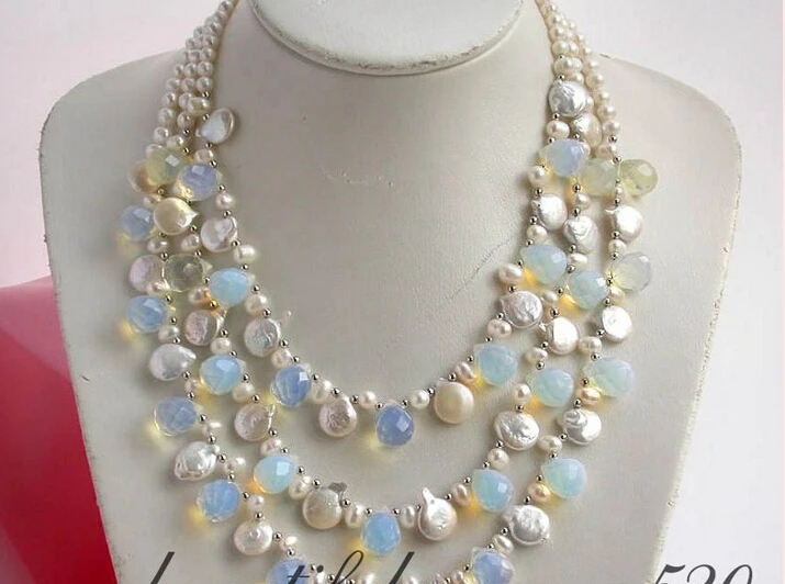 

FREE shipping>>>>z2145 3row round/coin white fw pearl opal drip necklace new