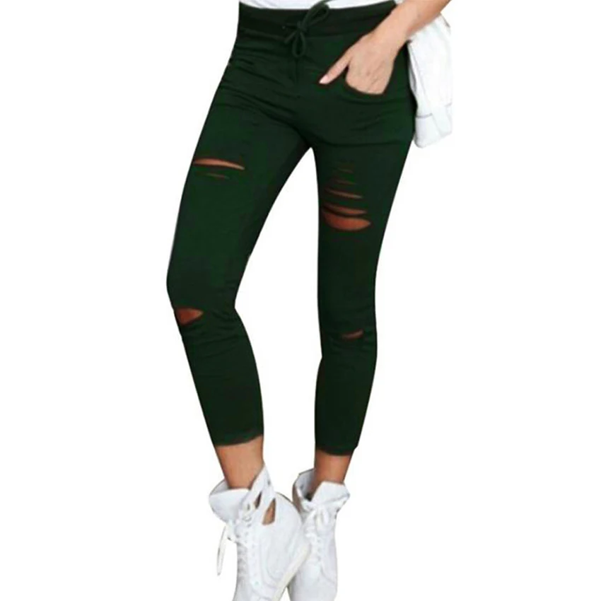 

Solid Drawstring Pencil Pants Women Casual Pockets Hole Slim Calf-Length Pants Ladies Simple Cotton High Waist Plus Size Pants